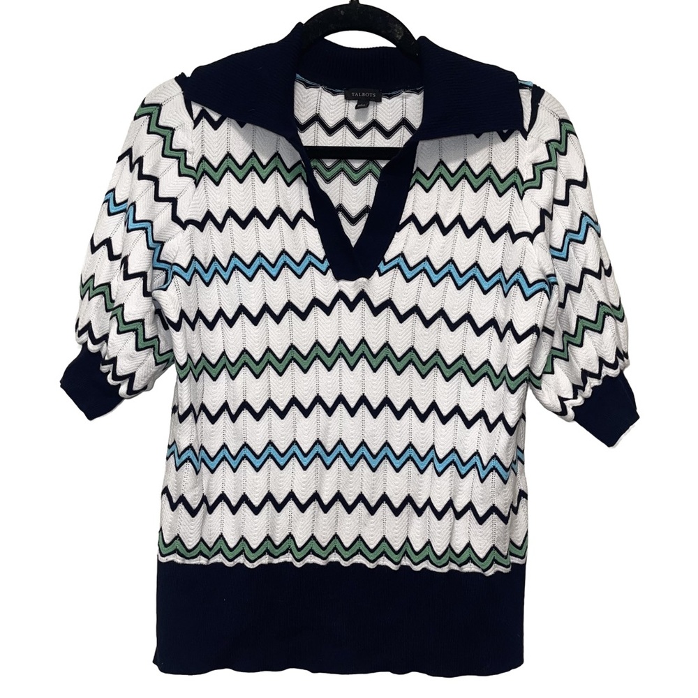 Talbots Johnny Collar Pullover Sweater Shirt Navy Blue White Zig Zag Size S